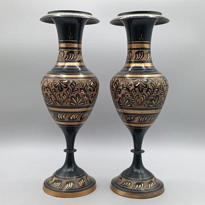 LOT 1: Pair of Vintage Indian Etched Black Brass Vases