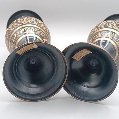LOT 1: Pair of Vintage Indian Etched Black Brass Vases