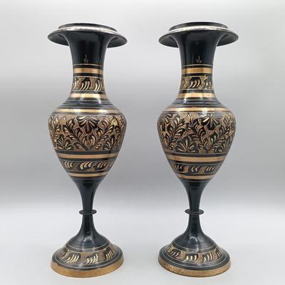 LOT 1: Pair of Vintage Indian Etched Black Brass Vases