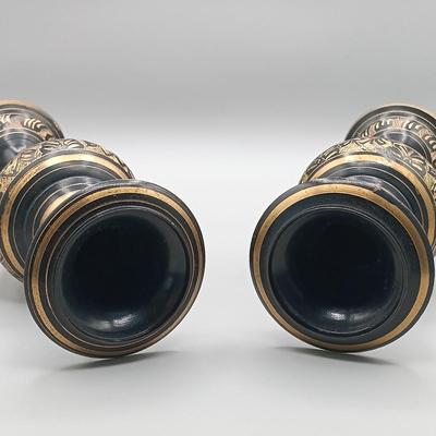 LOT 1: Pair of Vintage Indian Etched Black Brass Vases