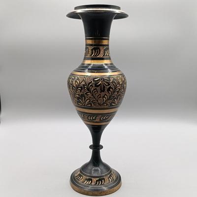 LOT 1: Pair of Vintage Indian Etched Black Brass Vases