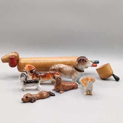 LOT 4: Hagen Renaker Dachshund Pup Lenk H1569, WhittleWare Wooden Dachshund, Occupied Japan Porcelain Dogs & More