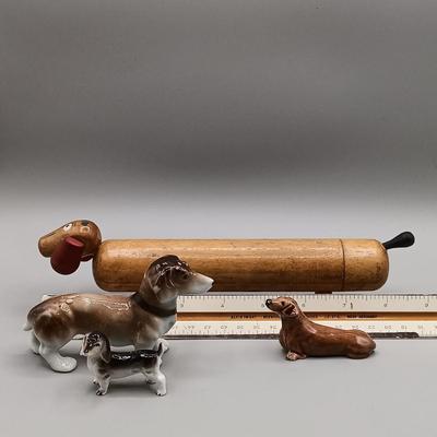 LOT 4: Hagen Renaker Dachshund Pup Lenk H1569, WhittleWare Wooden Dachshund, Occupied Japan Porcelain Dogs & More