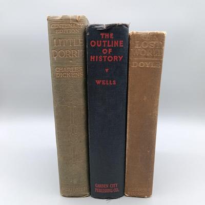 LOT 8: Antique Books - Arthur Conan Doyle's The Lost World 1912, H. G. Wells The Outline of History 1920 & Charles Dickens'...