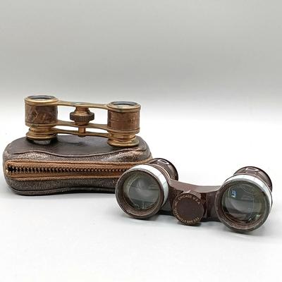 LOT 12: Airguide 44 Mother of Pearl Banded Opera Glasses with Leather Banded Opera Glasses Marked RT