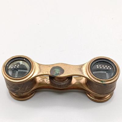 LOT 12: Airguide 44 Mother of Pearl Banded Opera Glasses with Leather Banded Opera Glasses Marked RT