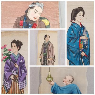 LOT 14: Set of (4) Japanese Silk Paintings with a Chinese Rice Paper Painting