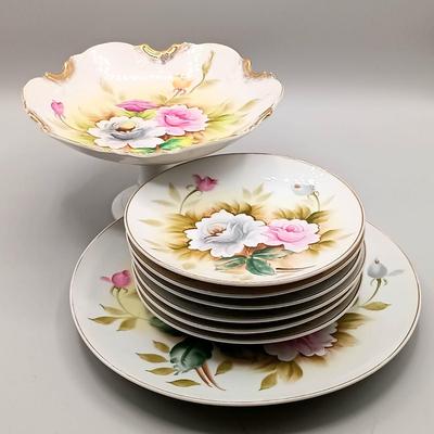 LOT 15: Vintage Kashmir Rose Hand-Painted Plates and Pedestal Dish
