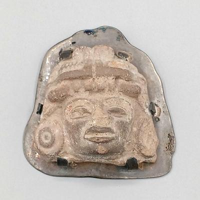LOT 18: Pre-Columbian Carved Stone Head on Mexico Sterling Silver Back