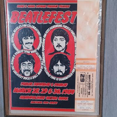 LOT 108B: Beatlefest 1980 Secaucus, NJ Program and Ticket, Framed LP Labels and Sticker, Contemporary Concert Posters & More