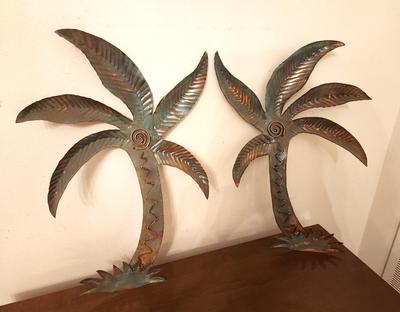 Lot #304 Pair of Painted Copper Wall Pieces - signed - Palm Trees