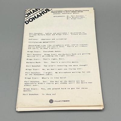 LOT 130B: Transcript From 1981 Phil Donahue Show Featuring Ringo Starr and Barbara Bach