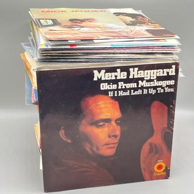LOT 181B: Stack of 45s Vinyl (Dozens of Records) - Merle Haggard, The Cars, Duran-Duran and Much More