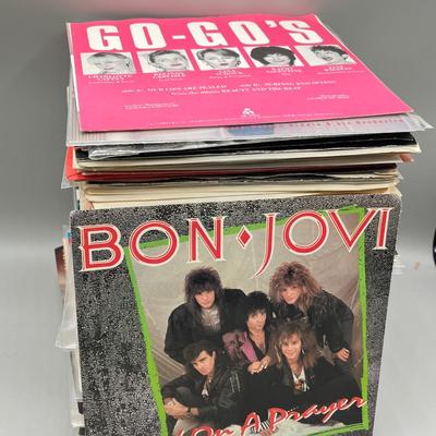 LOT 187B: Stack of 45s Vinyl (Dozens of Records) - Bon Jovi, Van Halen, Motley Crue, Guns N' Roses and Much More