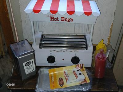 Nostalgia Electrics Old Fashioned Hot dog roller grill with condiment containers, chrome napkin holder