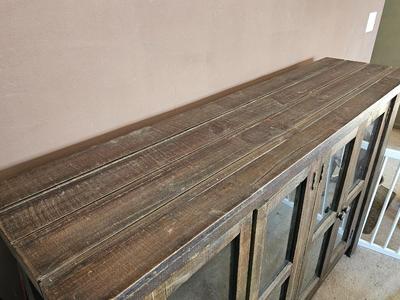 Farmhouse Distressed Accent Sideboard Cabinet with Storage shelves and glass doors