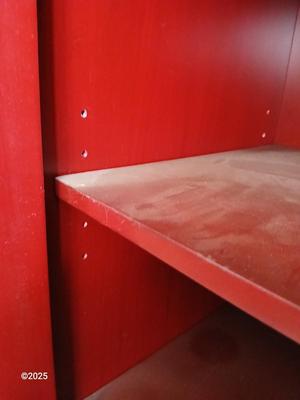 Red sliding glass door display cabinet with adjustable Shelves and drawer storage