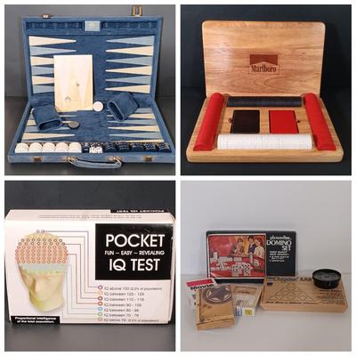 LOT 114B: Vintage Aries Travel Backgammon, Marlboro Poker Chip Set, Pleasantime Domino Set & More