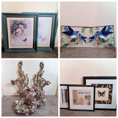 LOT 169B: Vintage Butterfly Prints, Wood Candle Holders, Stained Glass Wall Brackets & More