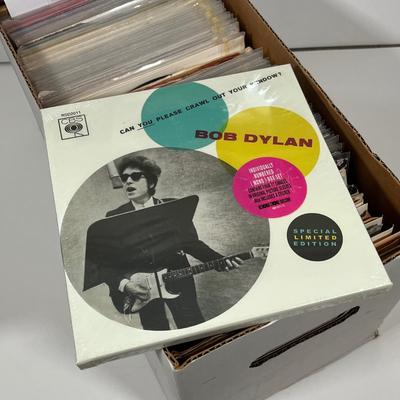 LOT 193B: Box of 45s Singles (Dozens of Vinyl Records) - Sealed Bob Dylan Set and More