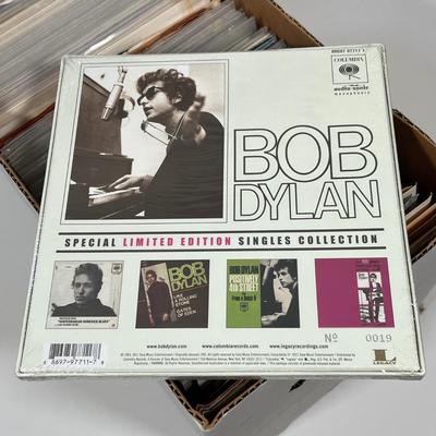 LOT 193B: Box of 45s Singles (Dozens of Vinyl Records) - Sealed Bob Dylan Set and More