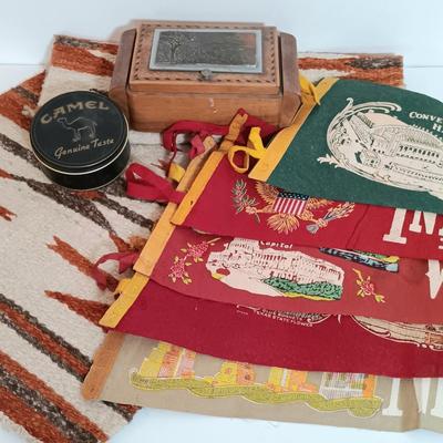 LOT 207B: MCM Italian Wood Cigarette Box, Vintage Pennants, Navajo-Style Rug & More