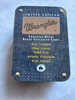 Wrangler Tin with Embossed metal rodeo collector cards