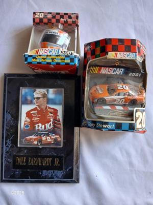 Dale Earnhardt Jr. plaque with Nascar Tony Stewart car, and a mini helmet ornament