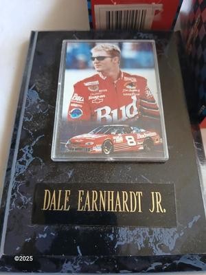 Dale Earnhardt Jr. plaque with Nascar Tony Stewart car, and a mini helmet ornament