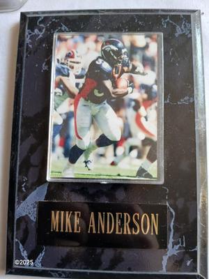 Football memorabilia - Bronco's collectable diecast vehicle - steelers 36 card - John Elway #7 and Mike Anderson plaques
