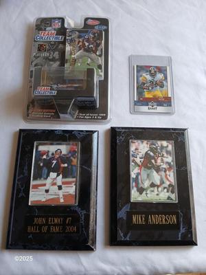 Football memorabilia - Bronco's collectable diecast vehicle - steelers 36 card - John Elway #7 and Mike Anderson plaques
