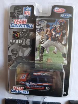 Football memorabilia - Bronco's collectable diecast vehicle - steelers 36 card - John Elway #7 and Mike Anderson plaques