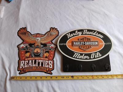 Tin Harley Realities ride and Rally sign Fort Collins, Co. with wooden Harley Davidson motor oils sign with hooks