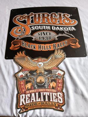 Two tin Harley Davidson collectable Signs Sturgis - and Realities ride and Rally Fort Collins Colorado