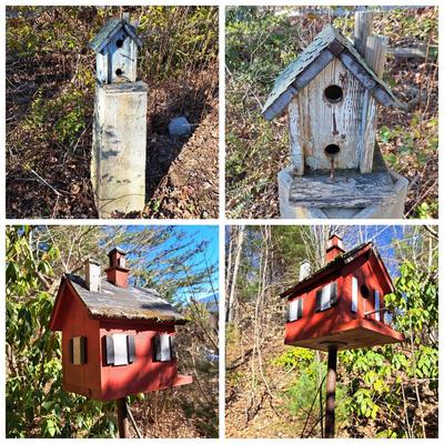 Two Rustic Folksy Wooden Birdhouses on Stands (BD-SD)