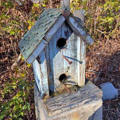 Two Rustic Folksy Wooden Birdhouses on Stands (BD-SD)