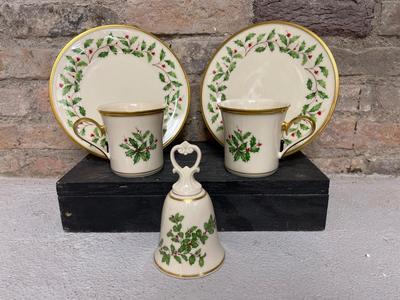 Sale Photo Thumbnail #173: Beautiful set with two Holly and Berry dessert plates and coffee cups, Bell has clapper but it was detached for transport.