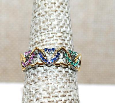 Size 7 Marked .925 Interlocking 2-Tone HEARTS Rings in RED, BLUE & GREEN Stones on a Silver Band (2.7g)