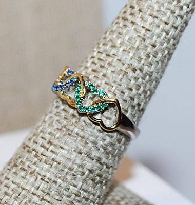 Size 7 Marked .925 Interlocking 2-Tone HEARTS Rings in RED, BLUE & GREEN Stones on a Silver Band (2.7g)