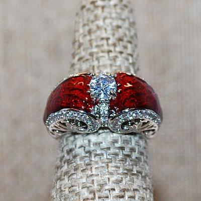 Size 6 Marked .925 "Puffy" RED Party Ring with a Single Main Clear Round Stone on a Silver Band (6.2g)