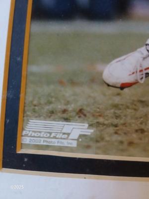 2002 Photo File - John Elway #7 framed picture with Running back Gary #22 Denver Post hat pin