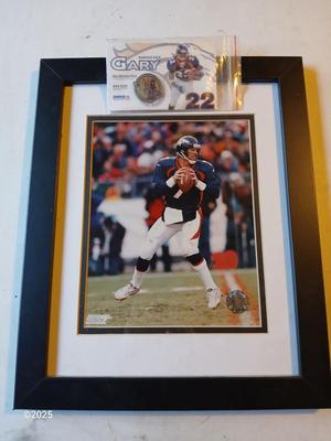 2002 Photo File - John Elway #7 framed picture with Running back Gary #22 Denver Post hat pin