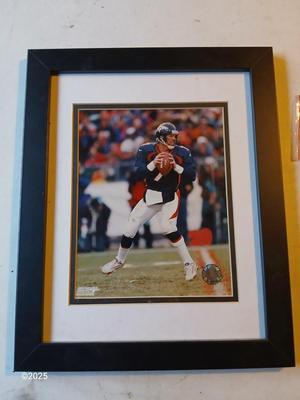 2002 Photo File - John Elway #7 framed picture with Running back Gary #22 Denver Post hat pin