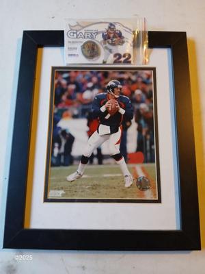 2002 Photo File - John Elway #7 framed picture with Running back Gary #22 Denver Post hat pin