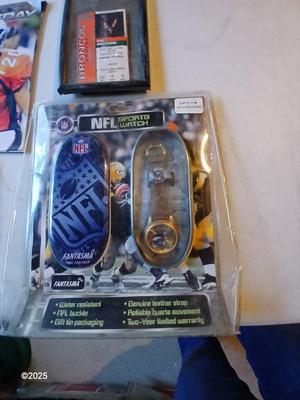Broncos sports watch - ticket stubs - Gameday magazine - and team playing cards