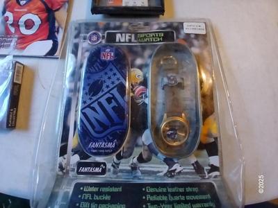 Broncos sports watch - ticket stubs - Gameday magazine - and team playing cards