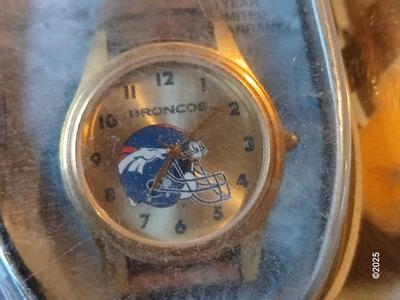 Broncos sports watch - ticket stubs - Gameday magazine - and team playing cards