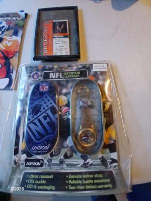 Broncos sports watch - ticket stubs - Gameday magazine - and team playing cards