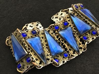 Vintage Blue Glass Filagree Bracelet. Art Deco