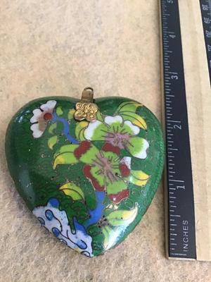 2.5 Inch X Large Vintage Cloisonne Heart Gold Embellishment